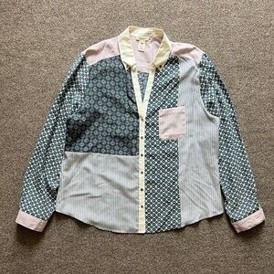 Sundance Patchwork 100% Silk Blouse V Neck Long Sleeve Button Up Womens Size 16